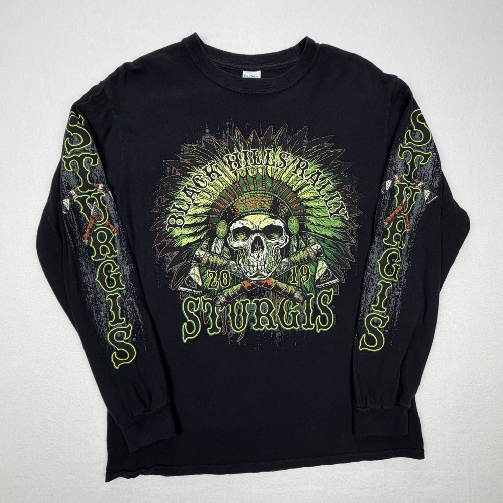 Gildan Sturgis Black Hills Rally 2019 Skull Long Sleeve Shirt Black Mens NO SIZE
